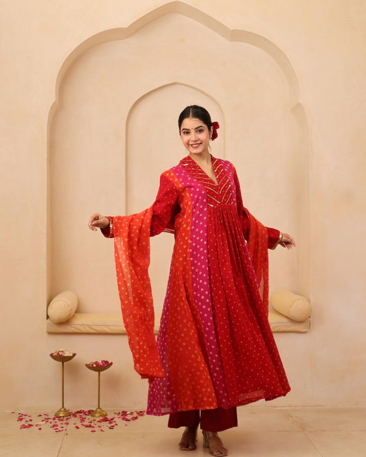 Siddheshwari - Multicolor Bandhani Hand Embroidered A-line Gathered Mulmul Suit - Set of 3