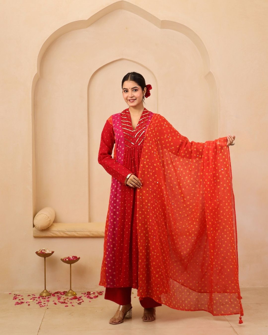 Siddheshwari - Multicolor Bandhani Hand Embroidered A-line Gathered Mulmul Suit - Set of 3