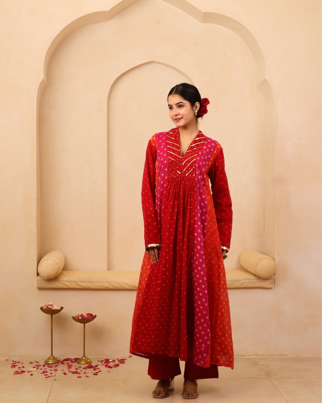 Siddheshwari - Multicolor Bandhani Hand Embroidered A-line Gathered Mulmul Suit - Set of 3