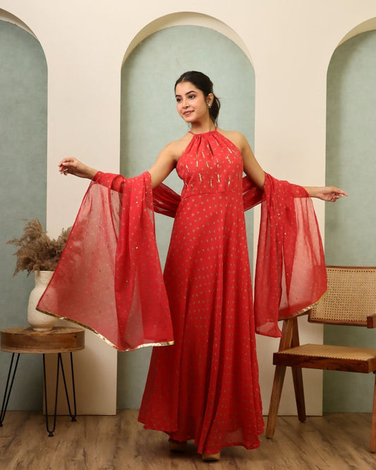 Tejeshwari - Peach Bandhani Hand Embroidered Indo-western Anarkali Mulmul Suit - Set of 3