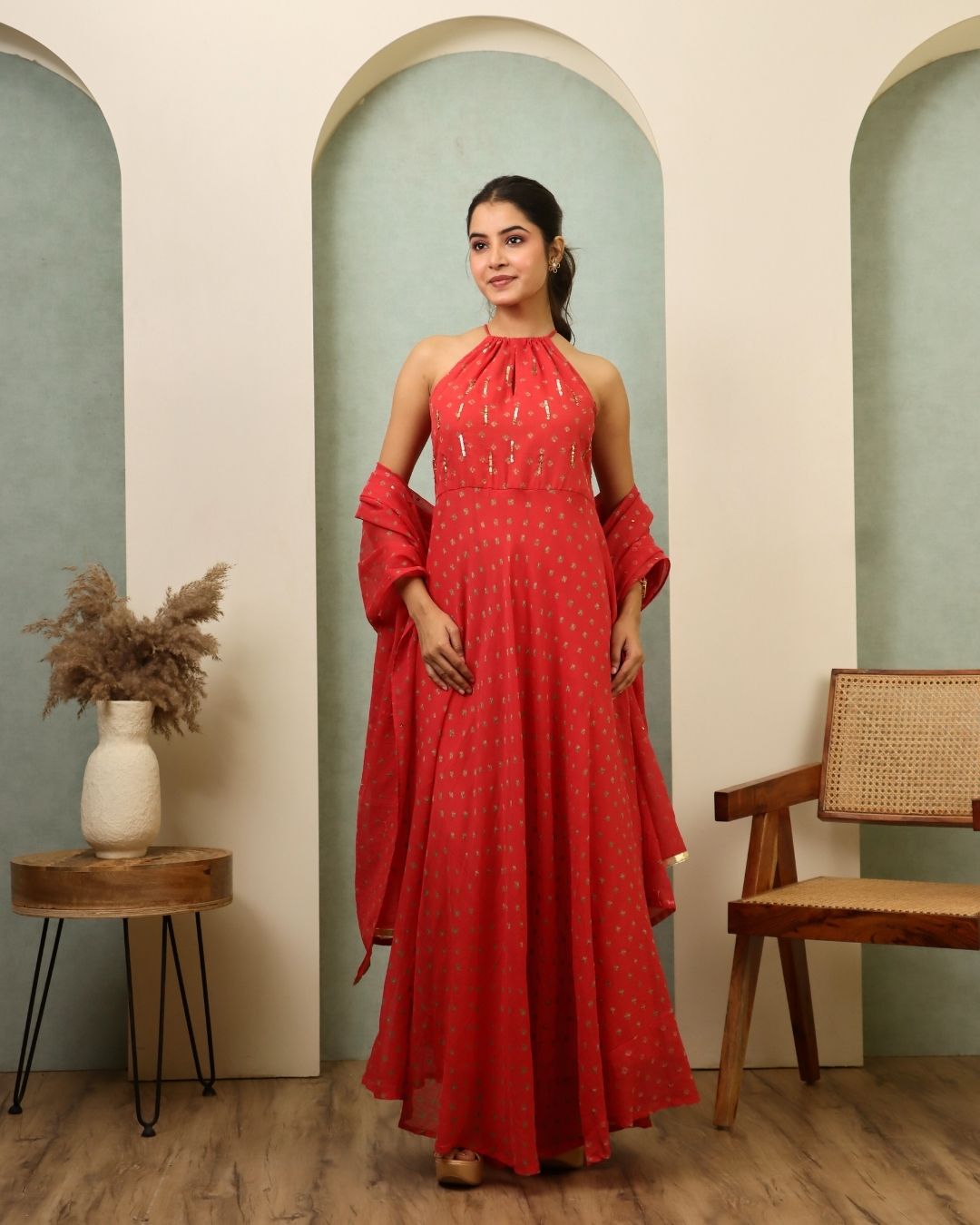 Tejeshwari - Peach Bandhani Hand Embroidered Indo-western Anarkali Mulmul Suit - Set of 3