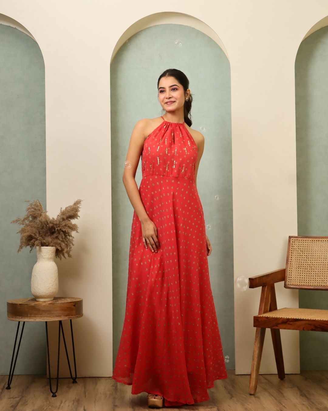 Tejeshwari - Peach Bandhani Hand Embroidered Indo-western Anarkali Mulmul Suit - Set of 3