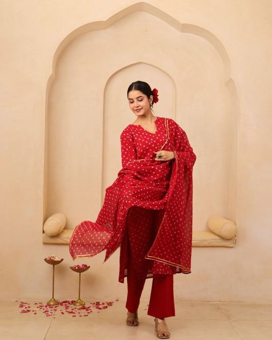 Mehira - Red Bandhani Hand Embroidered Straight Kurta Mulmul Suit - Set of 3