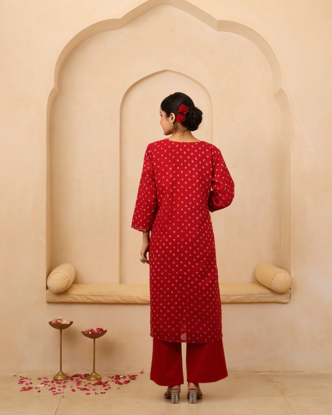 Mehira - Red Bandhani Hand Embroidered Straight Kurta Mulmul Suit - Set of 3