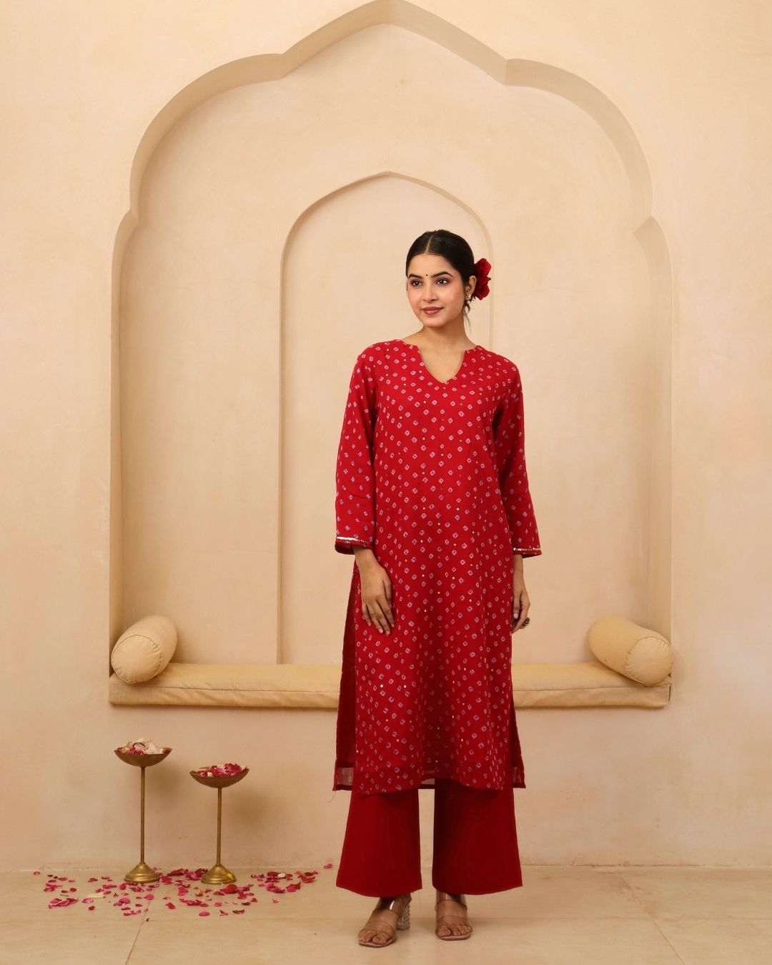 Mehira - Red Bandhani Hand Embroidered Straight Kurta Mulmul Suit - Set of 3