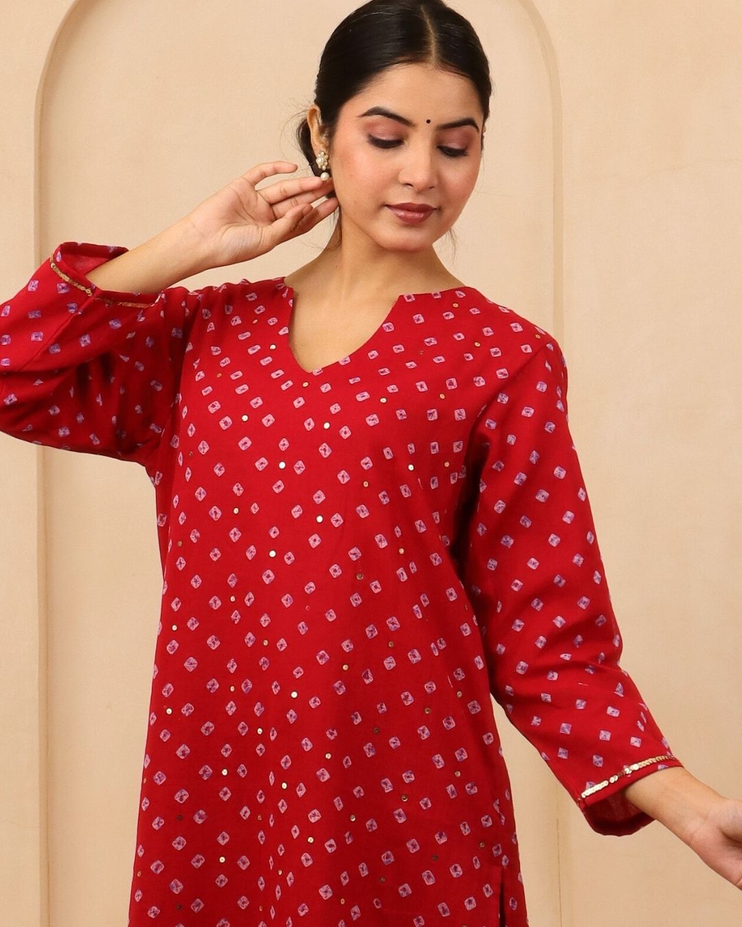 Mehira - Red Bandhani Hand Embroidered Straight Kurta Mulmul Suit - Set of 3