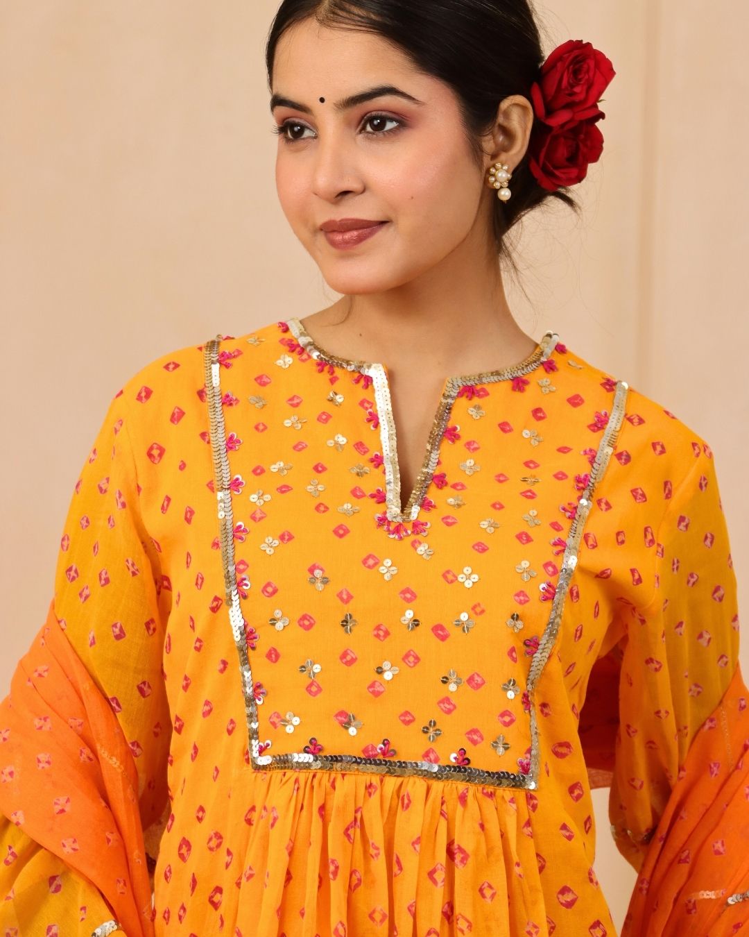 Vindeshwari - Tri-color Bandhani Hand Embroidered A-line Gathered Mulmul Suit - Set of 3