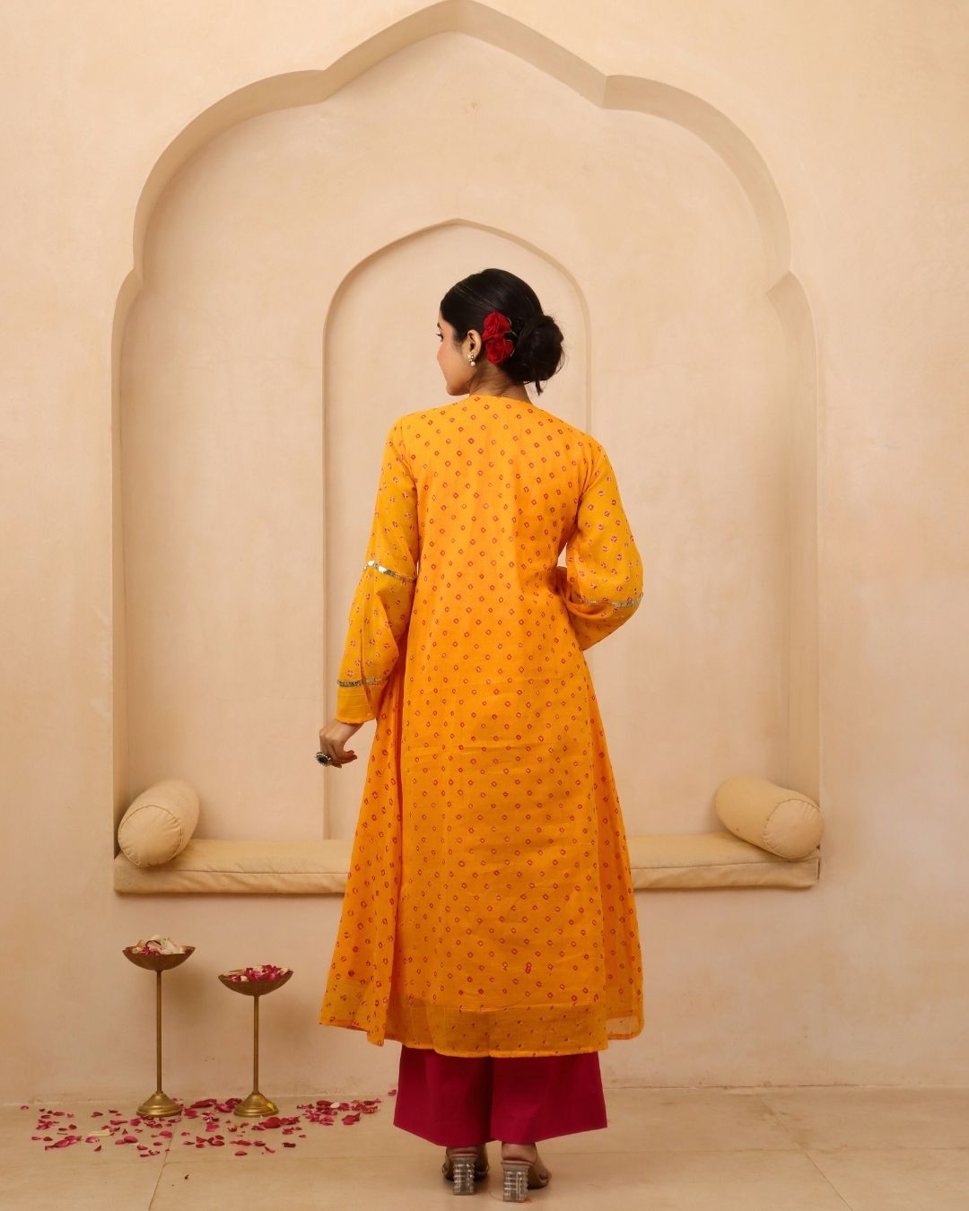 Vindeshwari - Tri-color Bandhani Hand Embroidered A-line Gathered Mulmul Suit - Set of 3