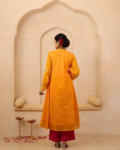 Vindeshwari - Tri-color Bandhani Hand Embroidered A-line Gathered Mulmul Suit - Set of 3