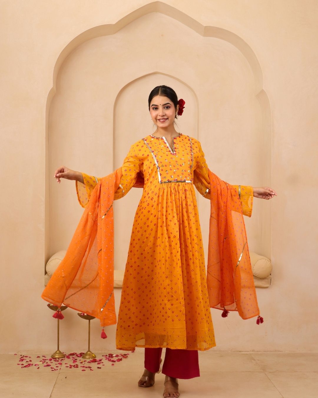 Vindeshwari - Tri-color Bandhani Hand Embroidered A-line Gathered Mulmul Suit - Set of 3