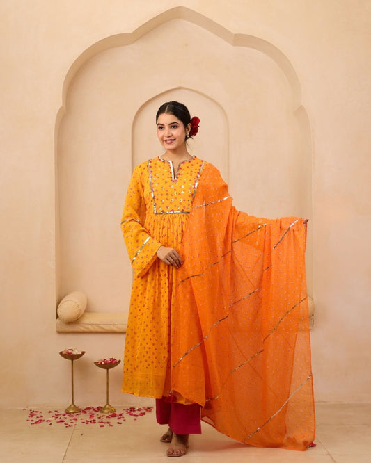 Vindeshwari - Tri-color Bandhani Hand Embroidered A-line Gathered Mulmul Suit - Set of 3