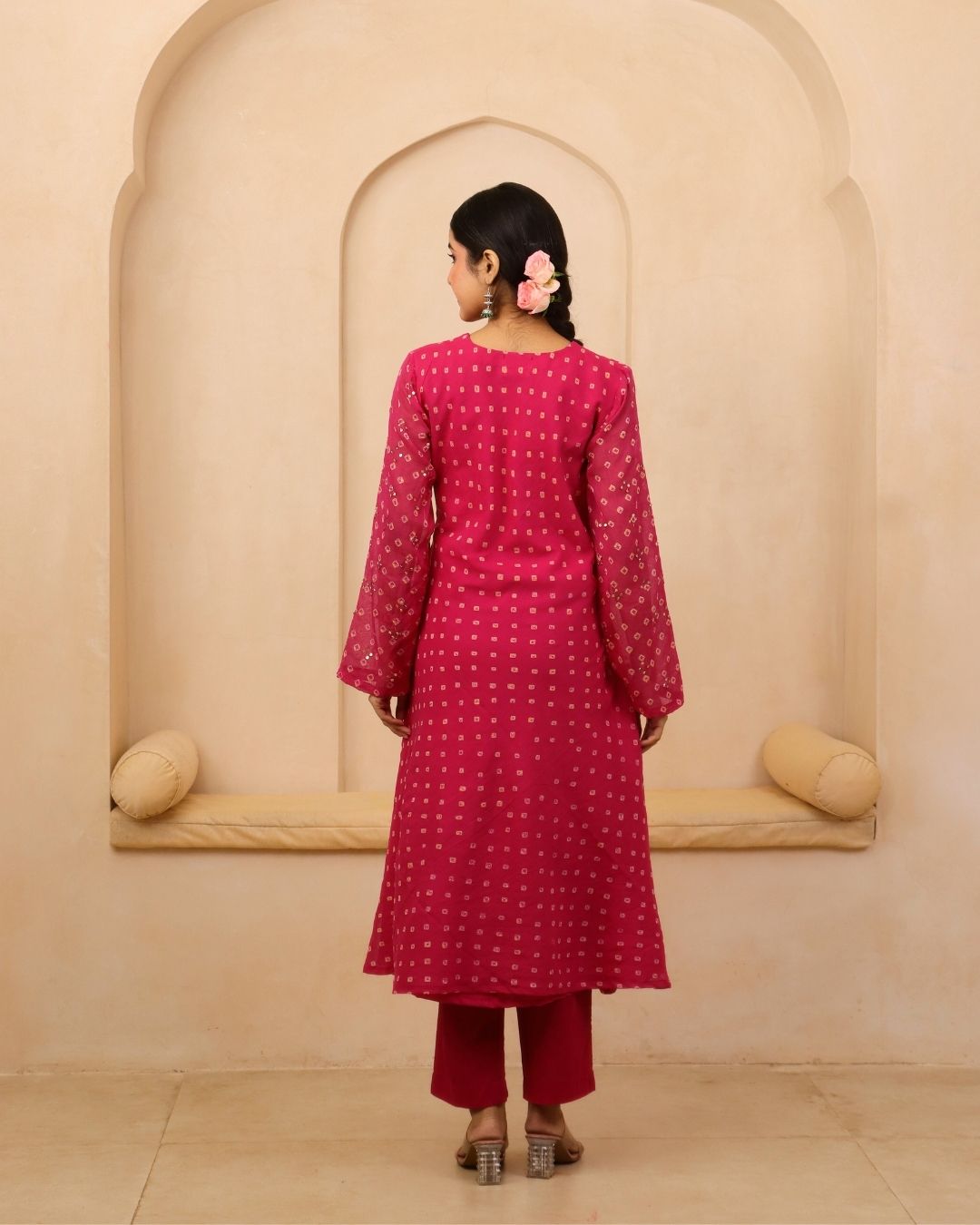 Neyara - Rani Pink Bandhani Hand Embroidered Bias Flared A-line Mulmul Suit - Set of 3