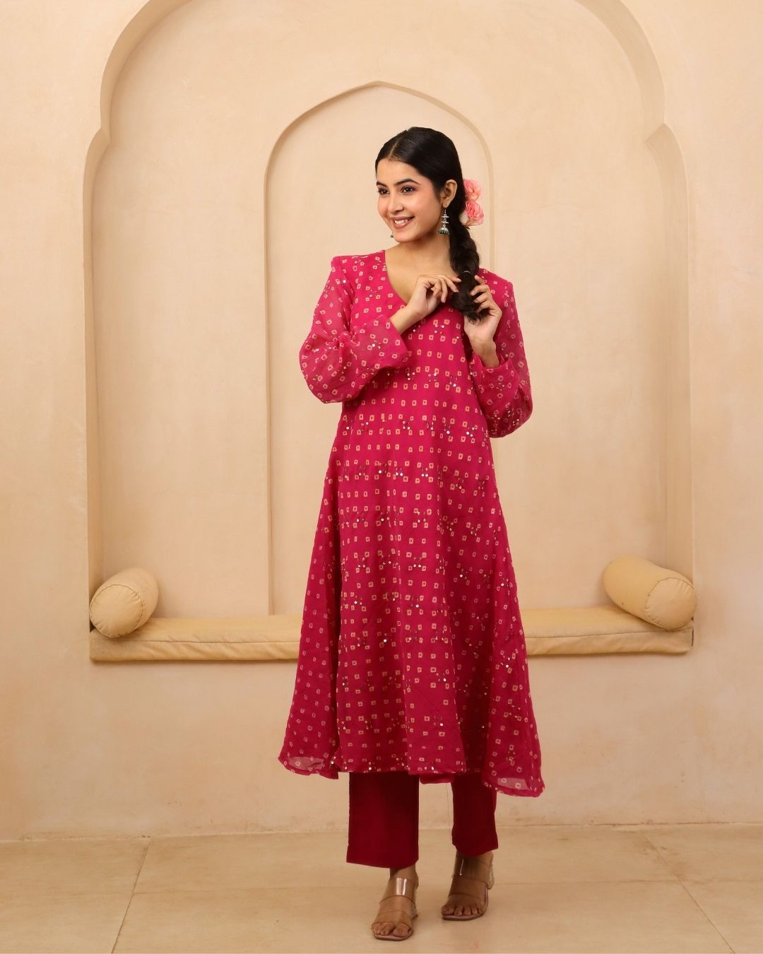 Neyara - Rani Pink Bandhani Hand Embroidered Bias Flared A-line Mulmul Suit - Set of 3