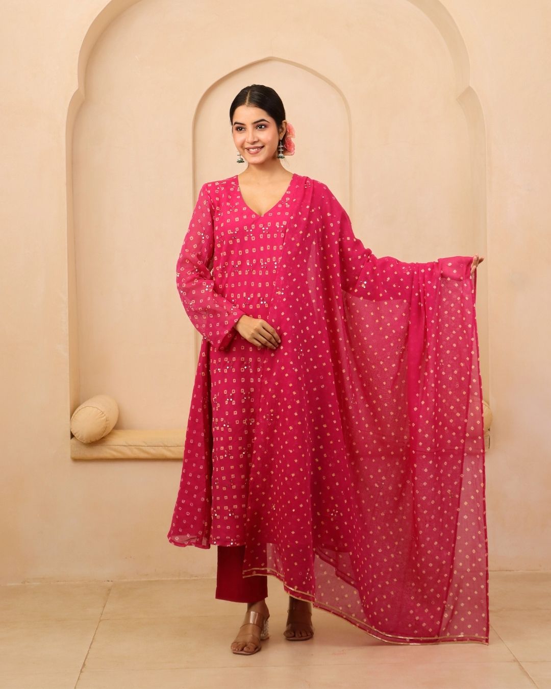 Neyara - Rani Pink Bandhani Hand Embroidered Bias Flared A-line Mulmul Suit - Set of 3
