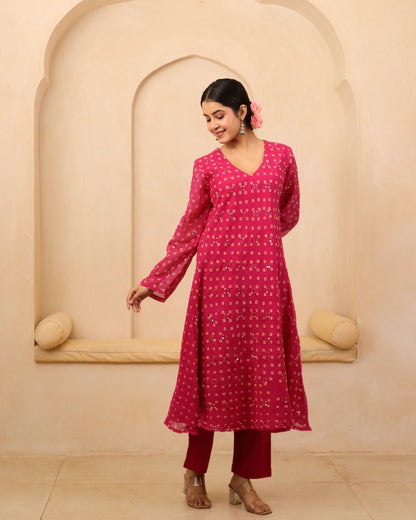 Neyara - Rani Pink Bandhani Hand Embroidered Bias Flared A-line Mulmul Suit - Set of 3