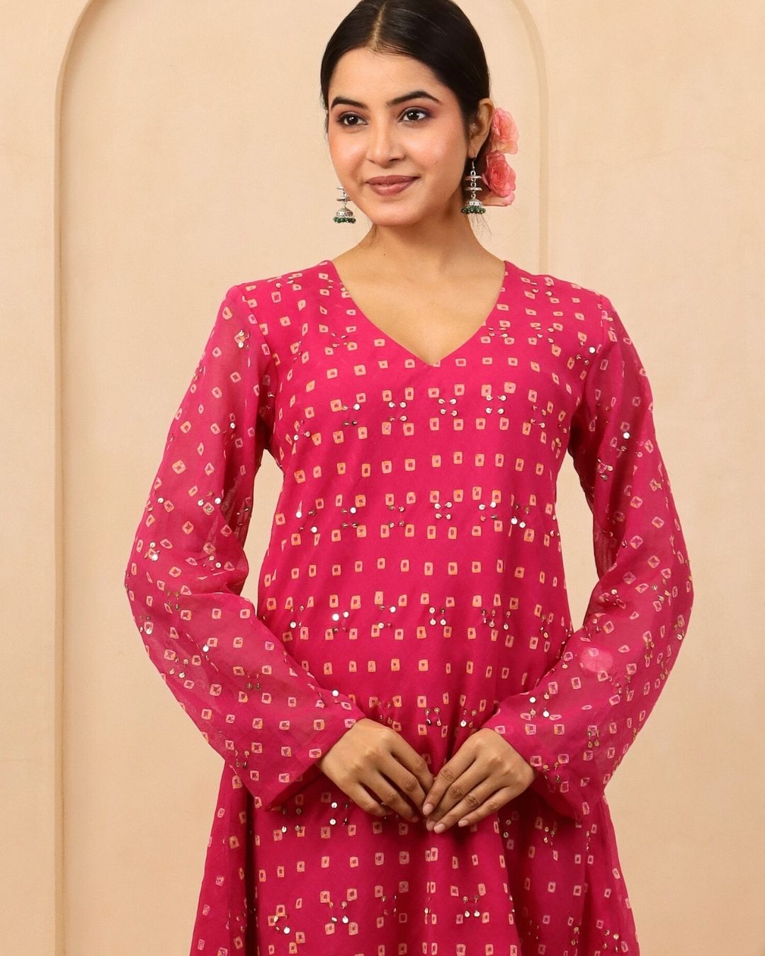 Neyara - Rani Pink Bandhani Hand Embroidered Bias Flared A-line Mulmul Suit - Set of 3