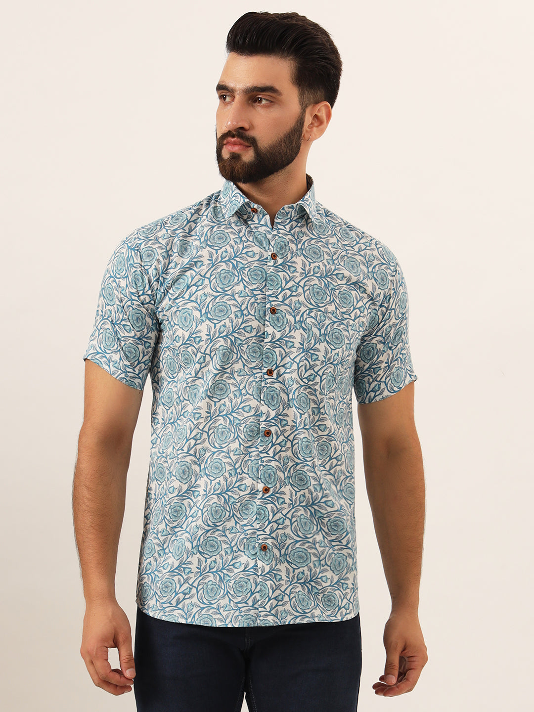 Blue Flora Mens Shirt - Half Sleeves