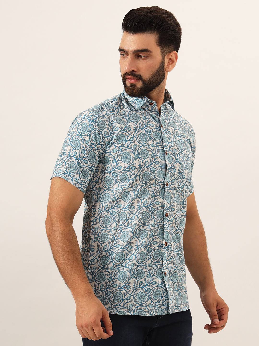 Blue Flora Mens Shirt - Half Sleeves