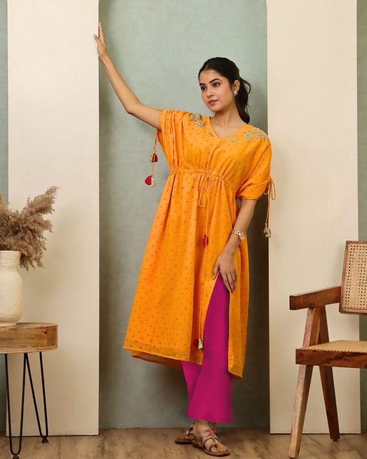 Jyotsana - Yellow Bandhani Hand Embroidered Kaftan Co-ord - Set of 2